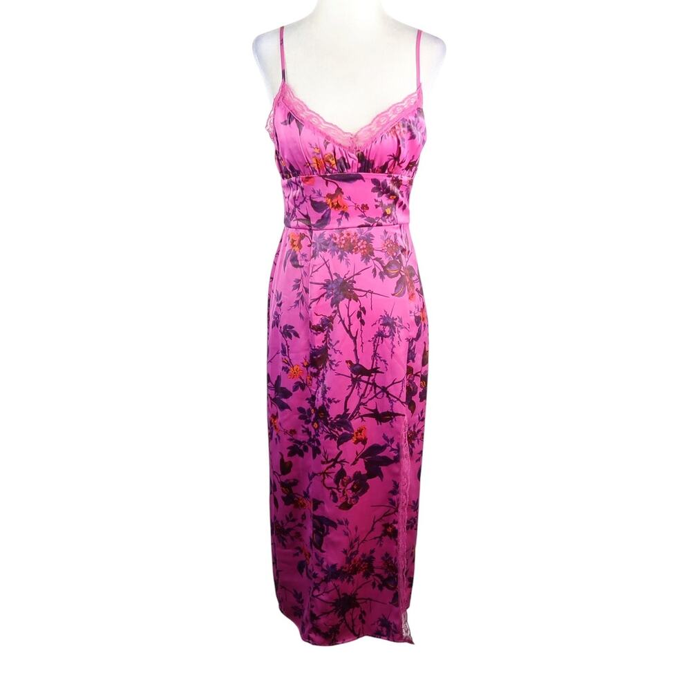 Urban Outfitters Audrey Pink Lace Satin Floral Midi Slip Dress S